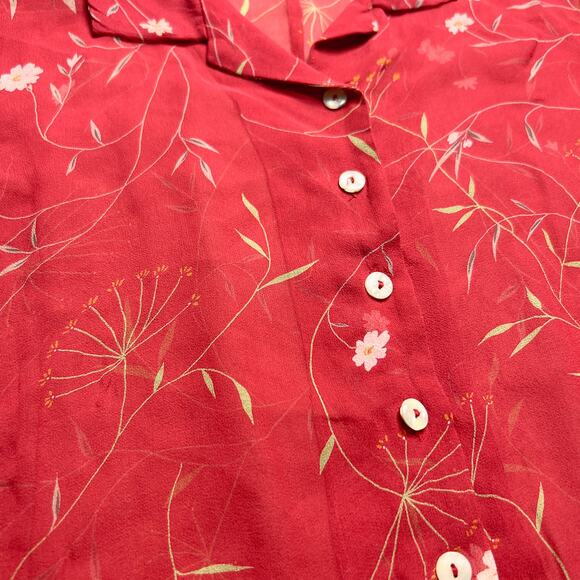 Vintage Y2K Red Floral Mesh Top Button Up Sheer Cap Sleeve Cropped Boho Hippie - Picture 3 of 6